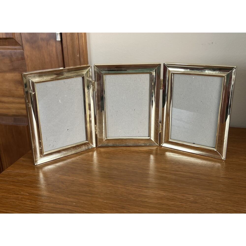 Vintage Gold Toned Metal Hinged Triple Picture Frame